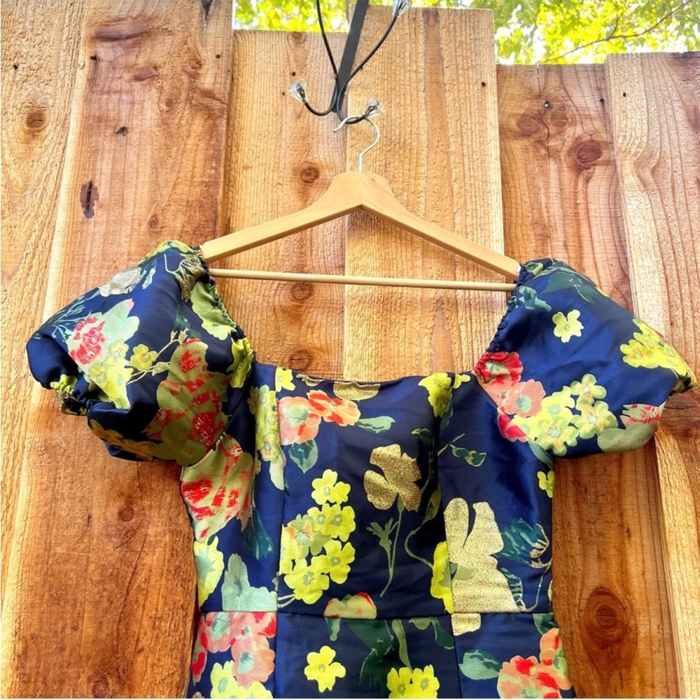 Navy Blue and Green Multi Floral Jacquard Puff Sleeve Mini Dress πΏ - Picture 4 of 10